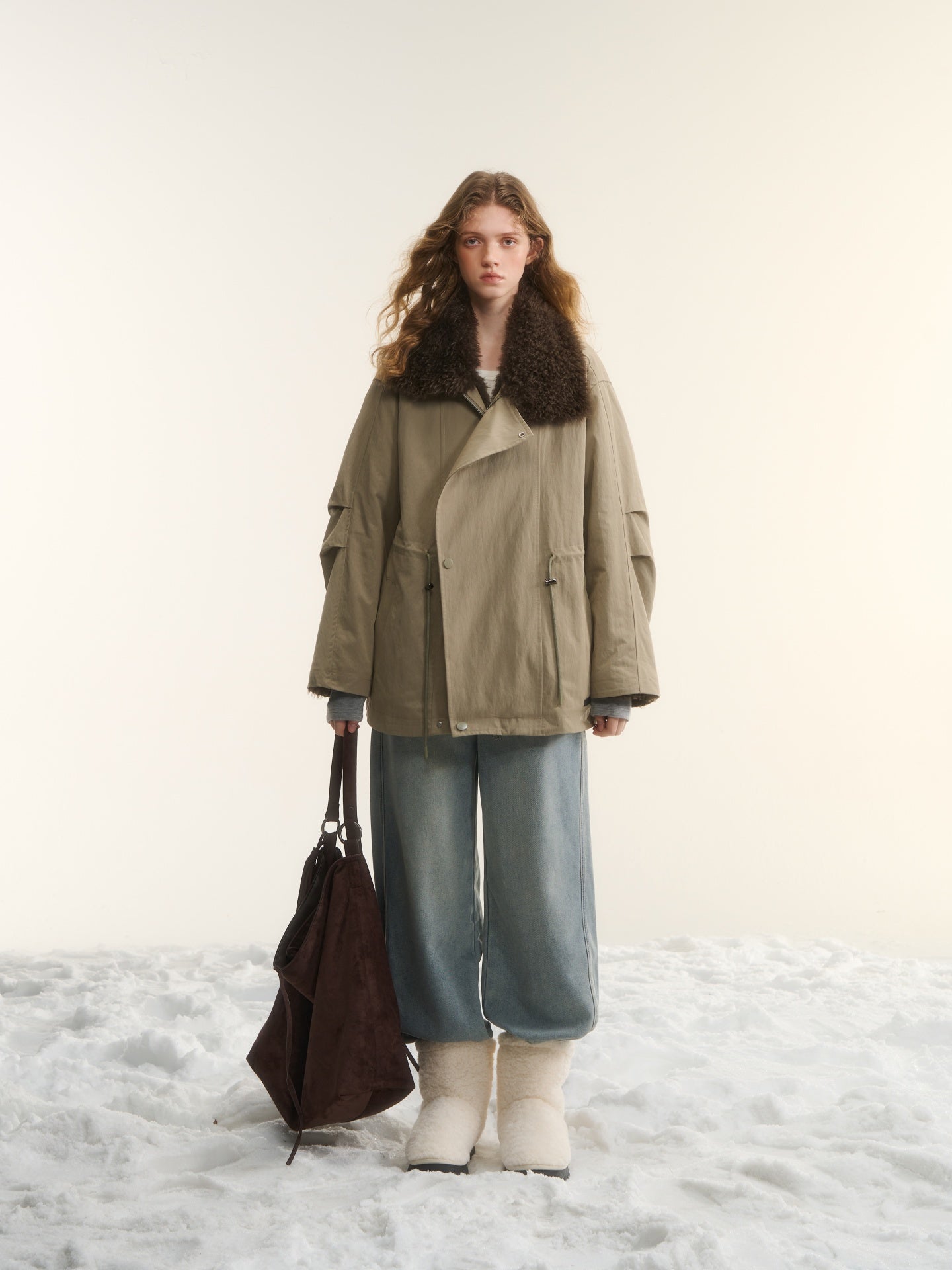 AsGony ASG25568 Sleeves pleated large lapel drawstring loose parka jacket