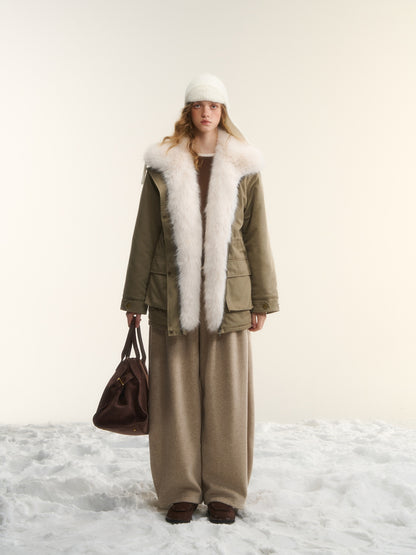 AsGony ASG25564 Detachable wool collar clip cotton Lyocell Parker jacket