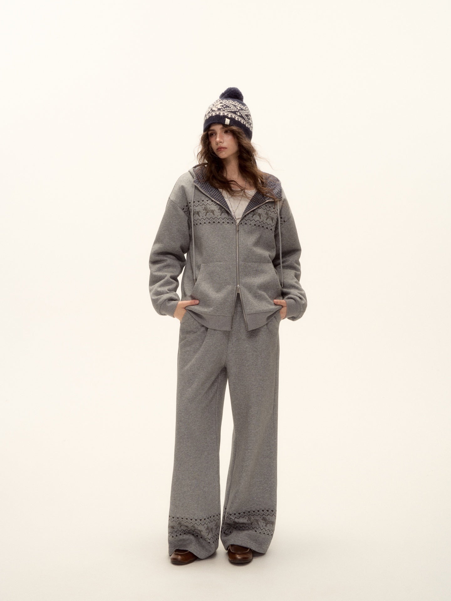 AsGony ASG25498&amp;ASG25499 Fel Island printed hooded jacket + pants set