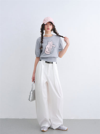 AsGony ASG26005 Round-neck jacquard cat print short-sleeved knit pullover