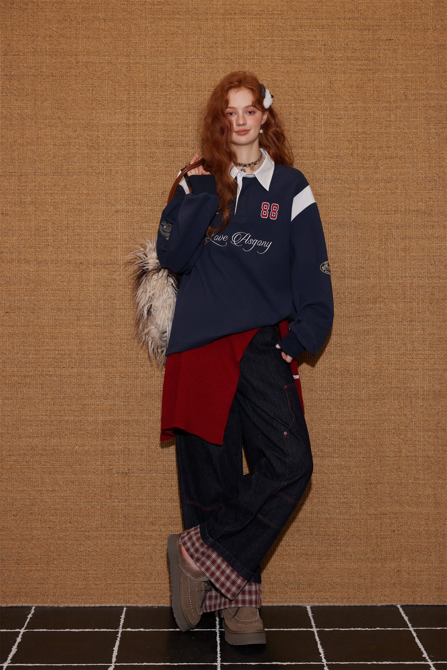 AsGony ASG25439 Color blocking shirt collar embroidered drawstring sweatshirt