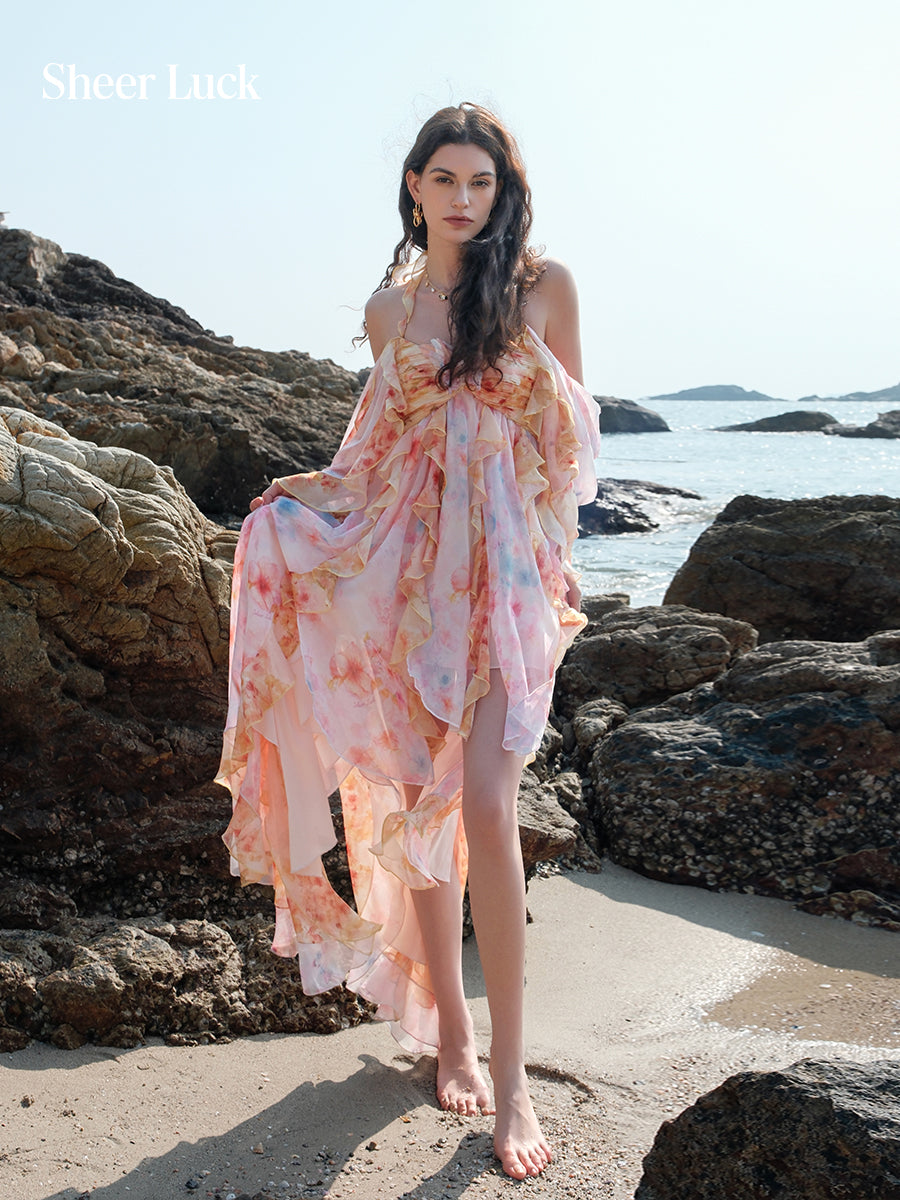 SHEERLUCK SLLYQ26106 Vacation style chiffon multi-level dress