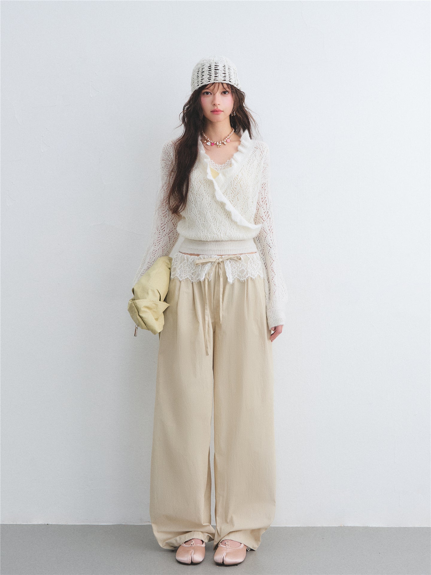 AsGony ASG26007 Wool cross ruffled mohair hollow pullover sweater
