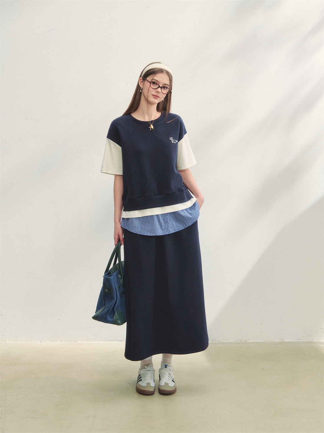 AsGony ASG25267 Plaid patchwork short sleeved top + skirt set (2color)