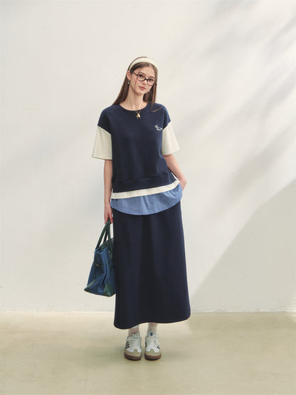 AsGony ASG25267 Plaid patchwork short sleeved top + skirt set (2color)
