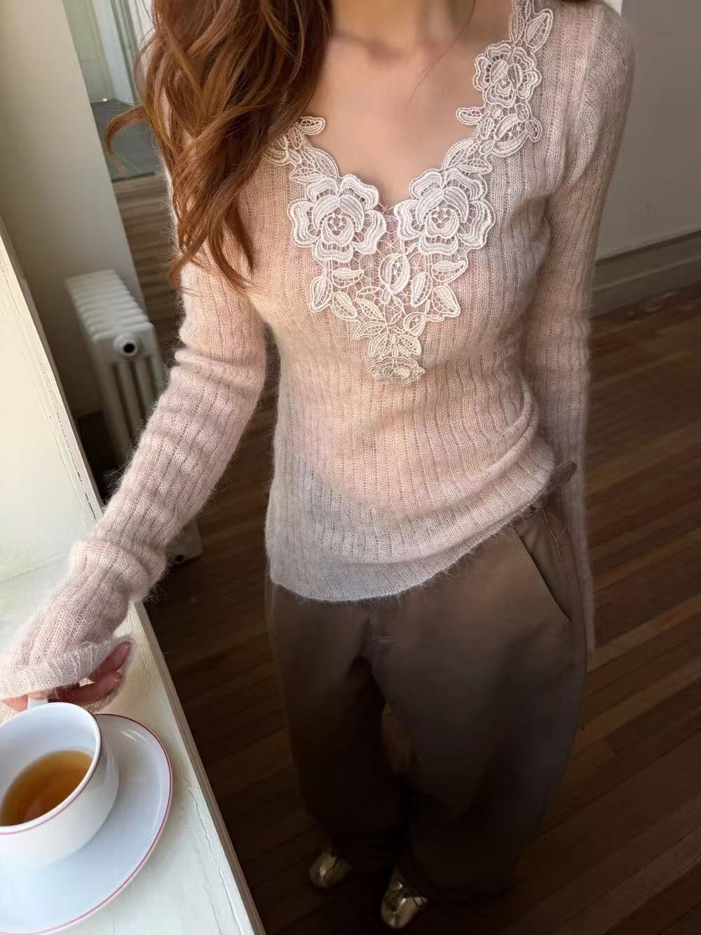 Plié Studio Soft Lace Knit Top(pink)