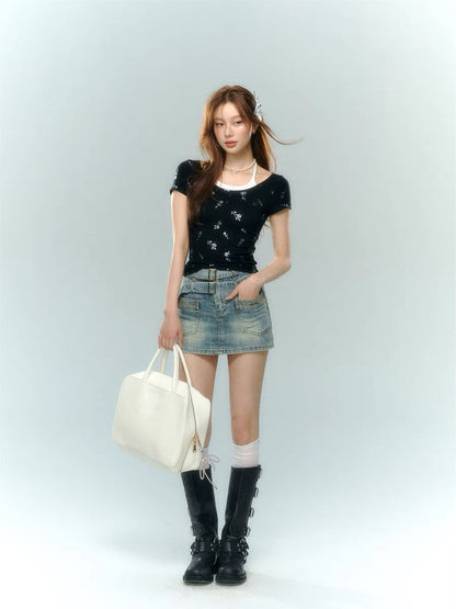 AsGony BELT DENIM MINI SKIRT