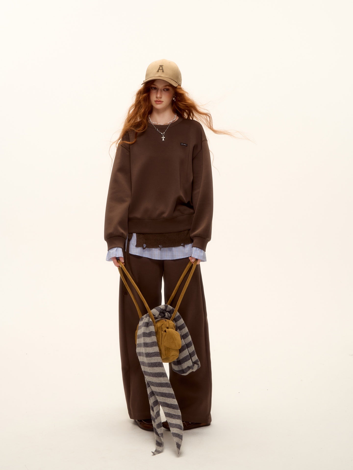 AsGony ASG25509&amp;ASG25510 Cuff plaid patchwork round neck pullover hoodie + pants set