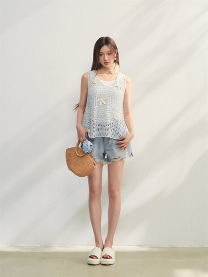 AsGony ASG25231 Ocean style pearl flower vest (2color)