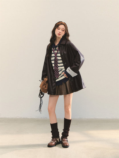 AsGony ASG25334 Cuff plaid patchwork leather jacket