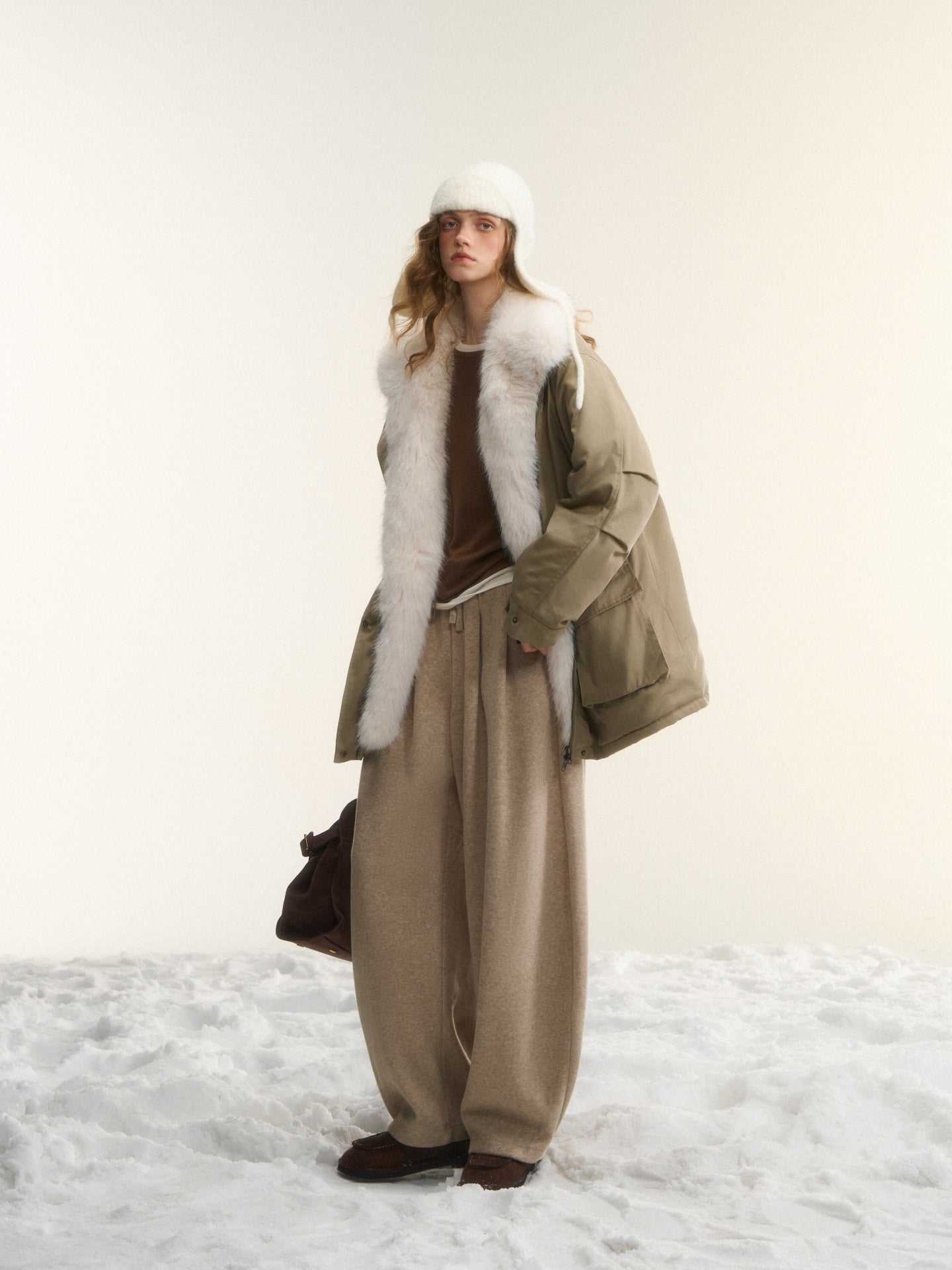 AsGony ASG25564 Detachable wool collar clip cotton Lyocell Parker jacket