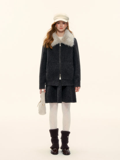 AsGony ASG25601 Wool Flannel Lapel Zippered Knit Sweater Jacket