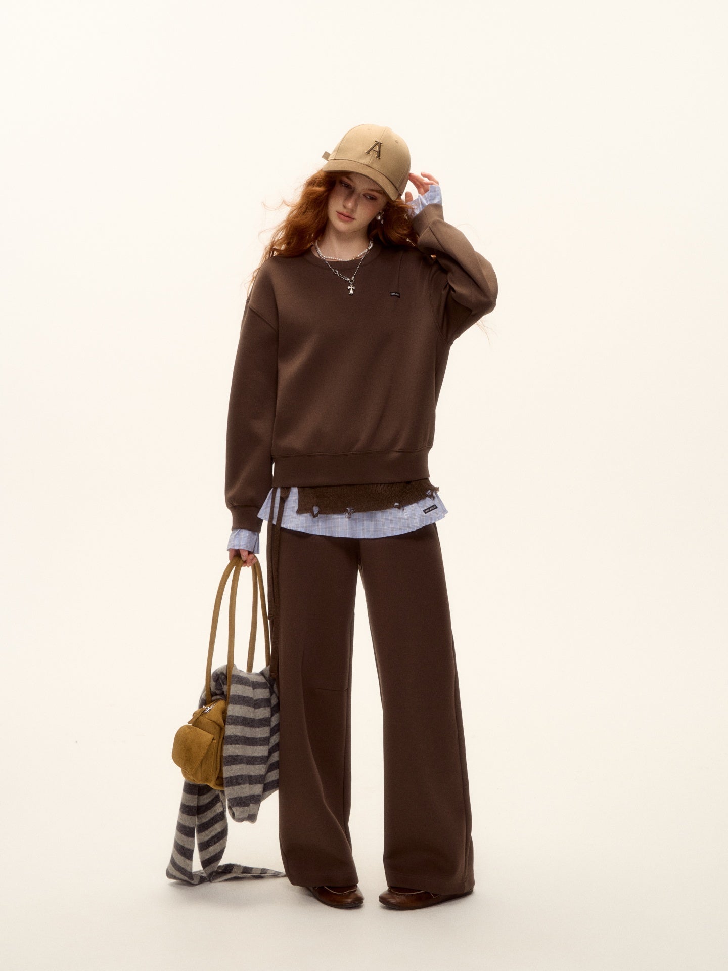 AsGony ASG25509&amp;ASG25510 Cuff plaid patchwork round neck pullover hoodie + pants set