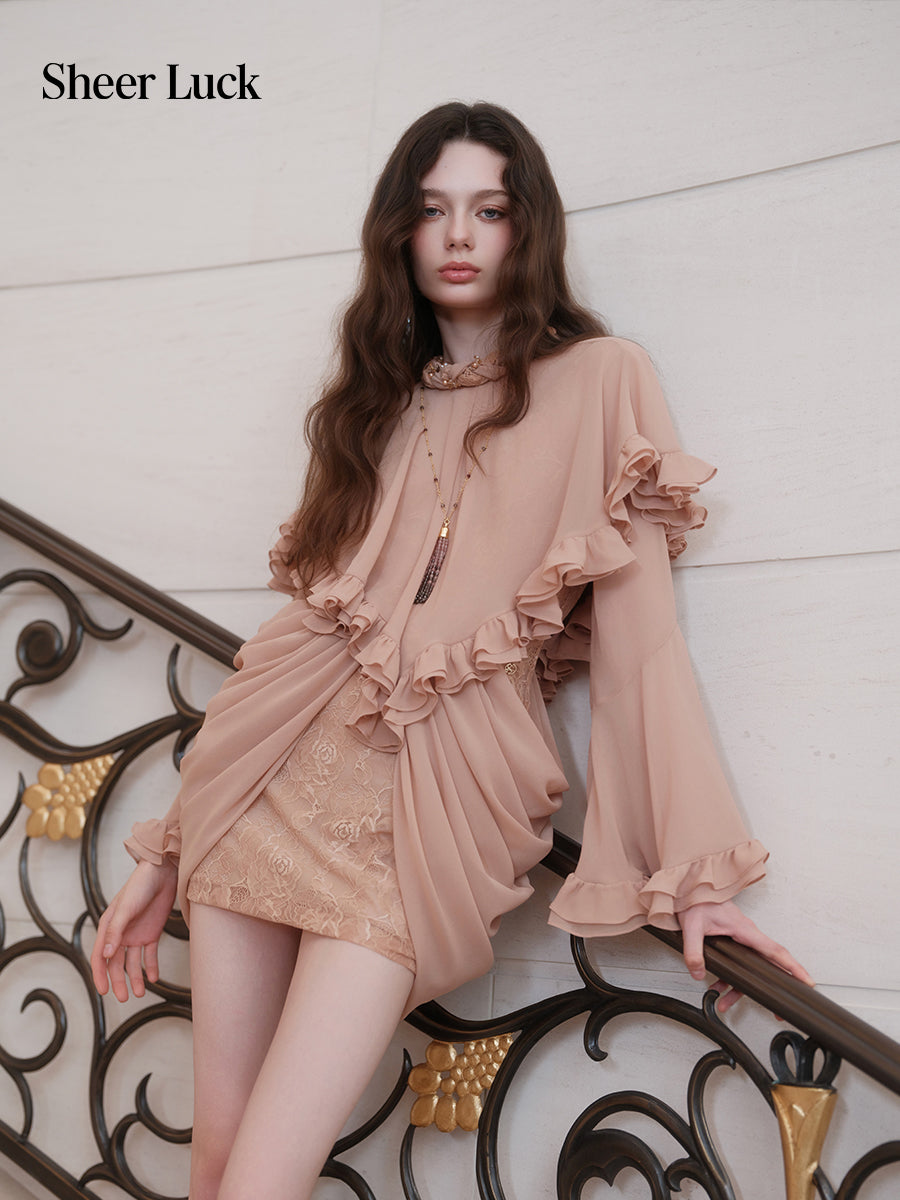 SHEERLUCK SLLYQ26712 Romy Vintage Cape-Style Dress-Cafe Latte