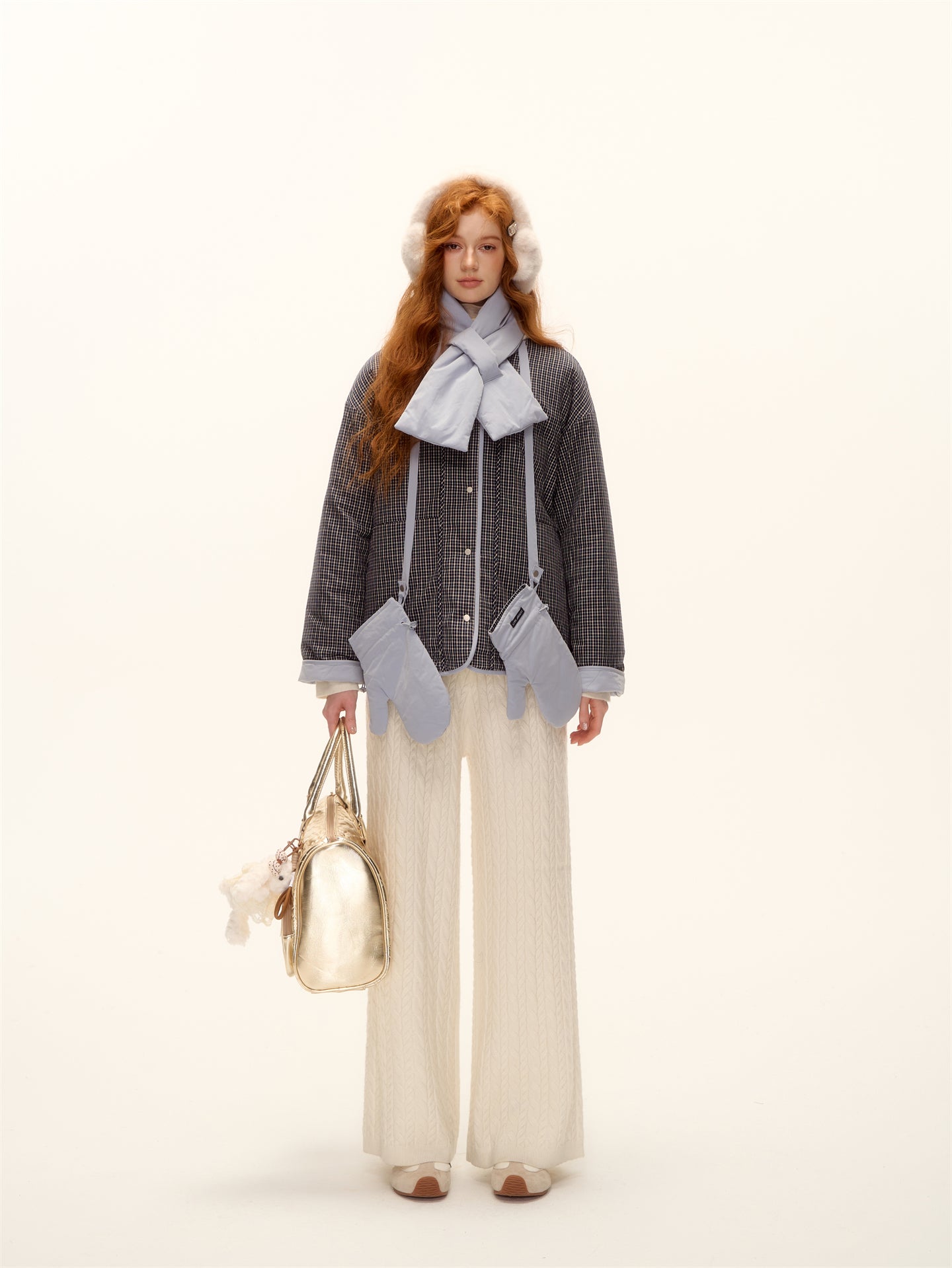 AsGony ASG25456 Double sided plaid scarf gloves cotton suit set