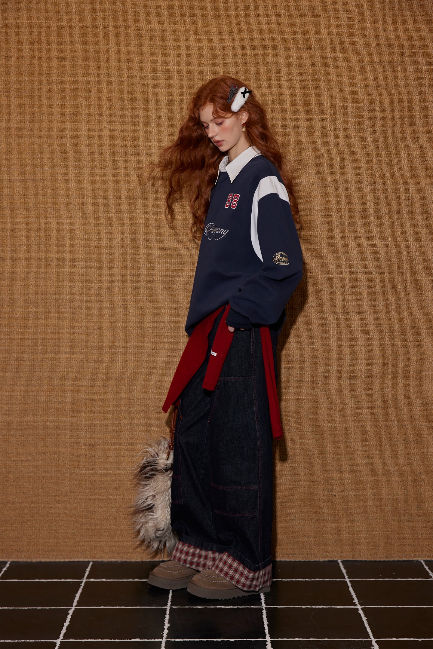 AsGony ASG25439 Color blocking shirt collar embroidered drawstring sweatshirt