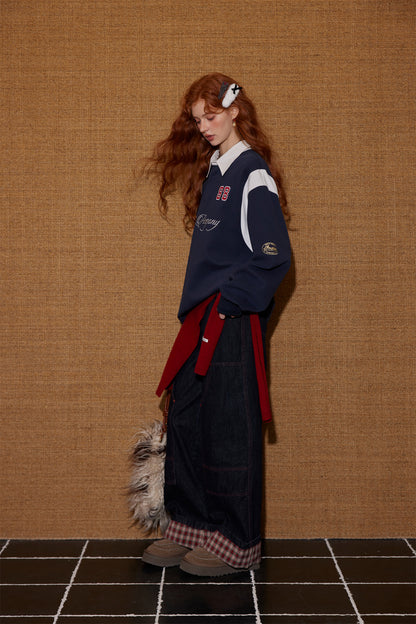 AsGony ASG25439 Color blocking shirt collar embroidered drawstring sweatshirt