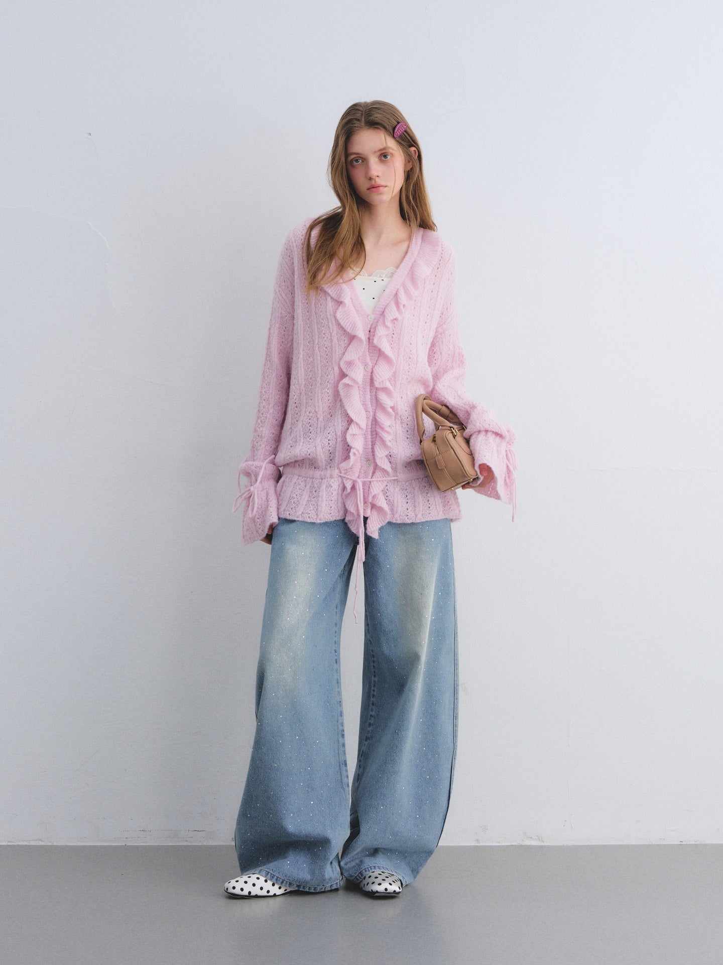 AsGony ASG25650 Woolen pleated hollow knitted cardigan