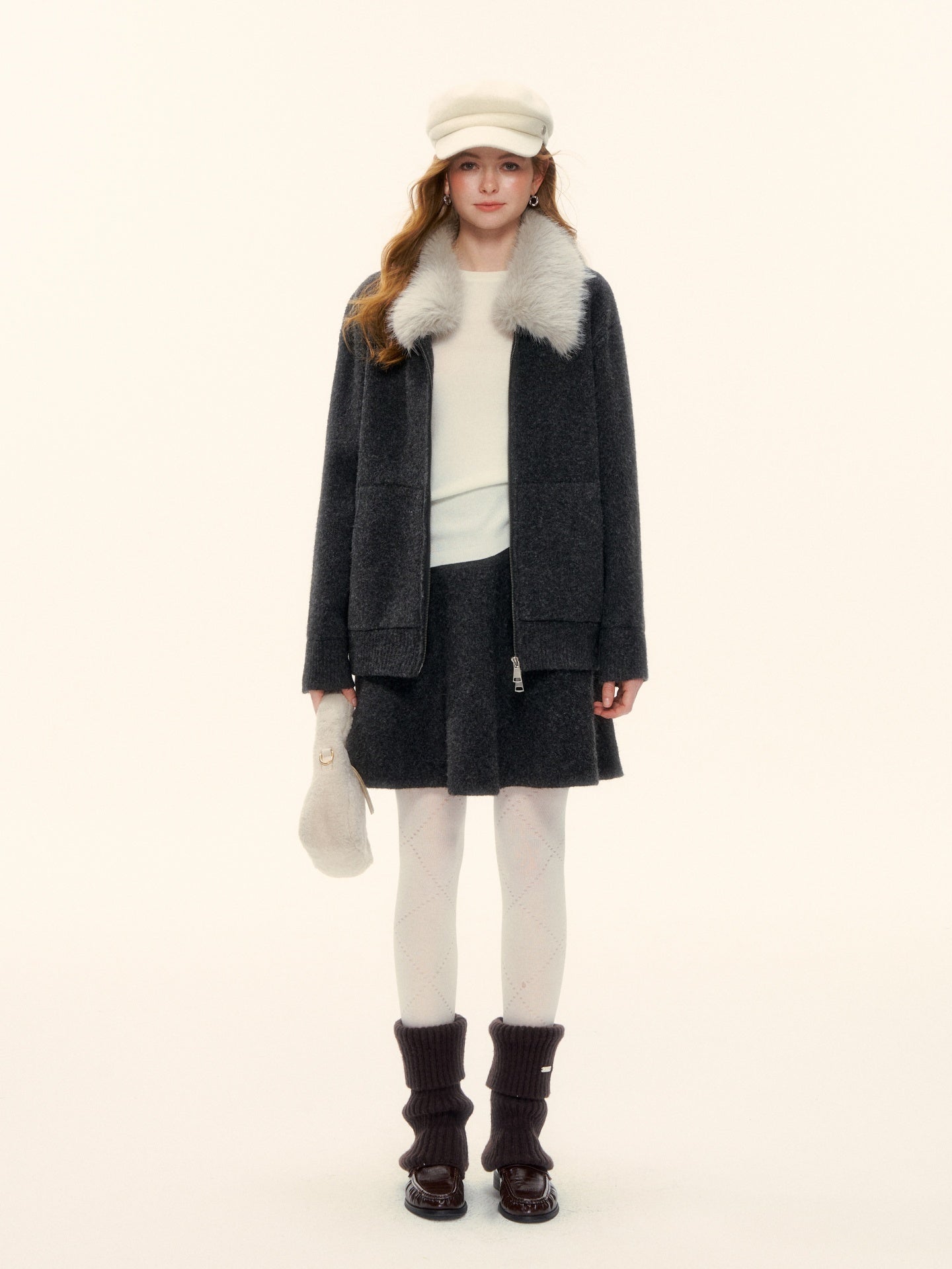 AsGony ASG25601 Wool Flannel Lapel Zippered Knit Sweater Jacket