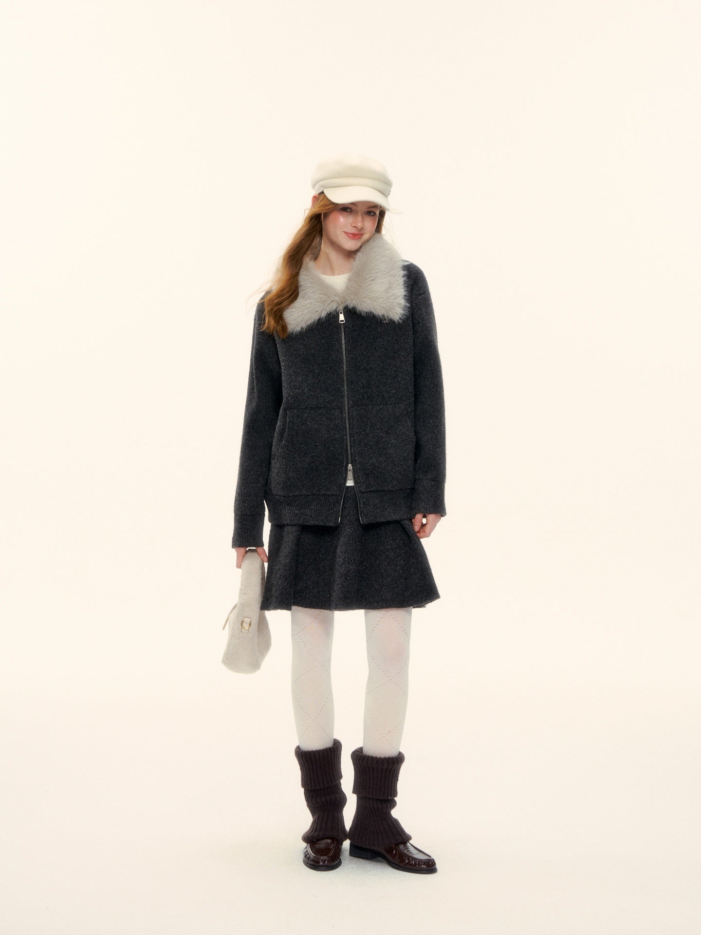 AsGony ASG25601 Wool Flannel Lapel Zippered Knit Sweater Jacket