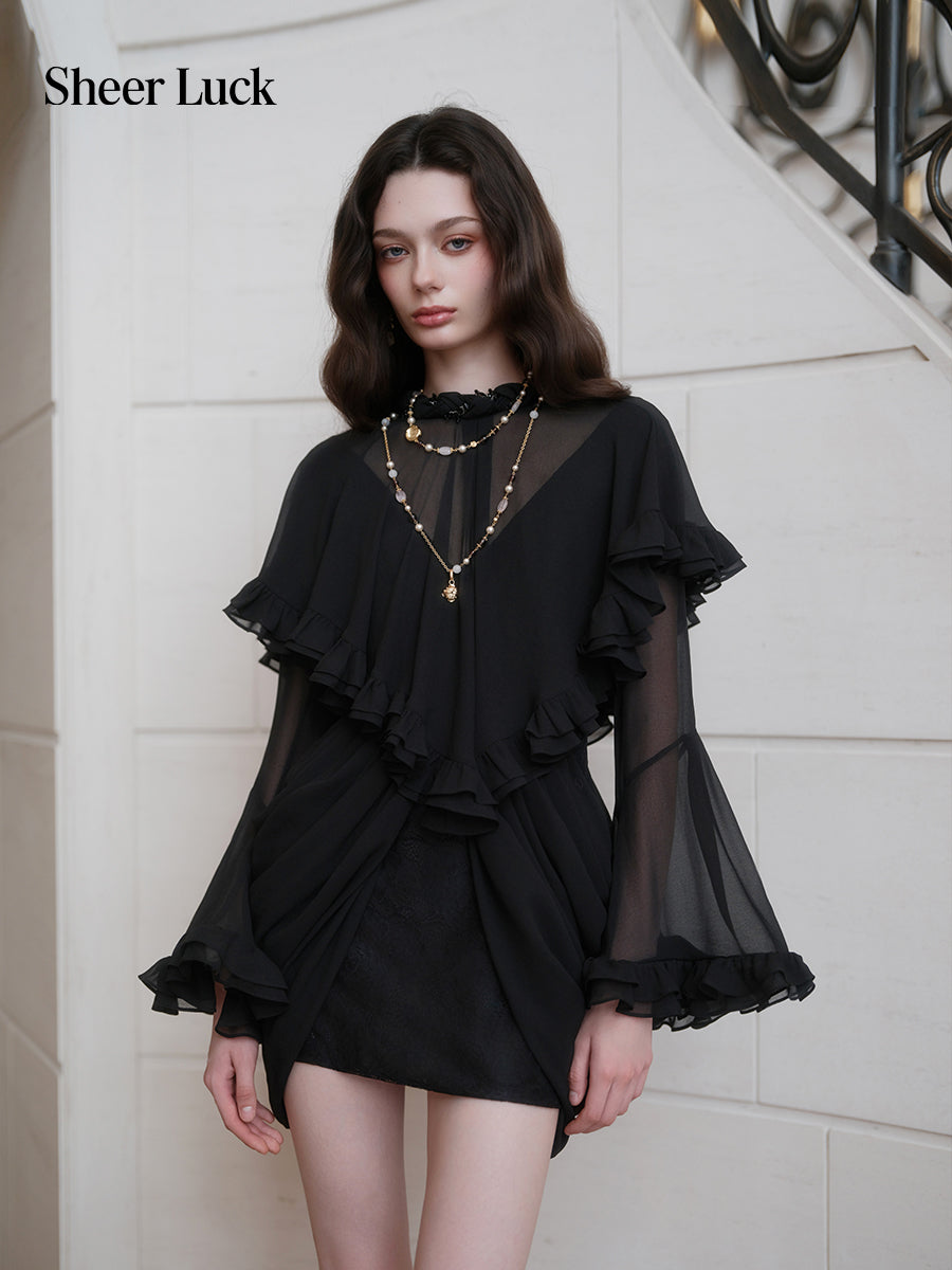 SHEERLUCK SLLYQ26712 Romy Vintage Cape-Style Dress-Black