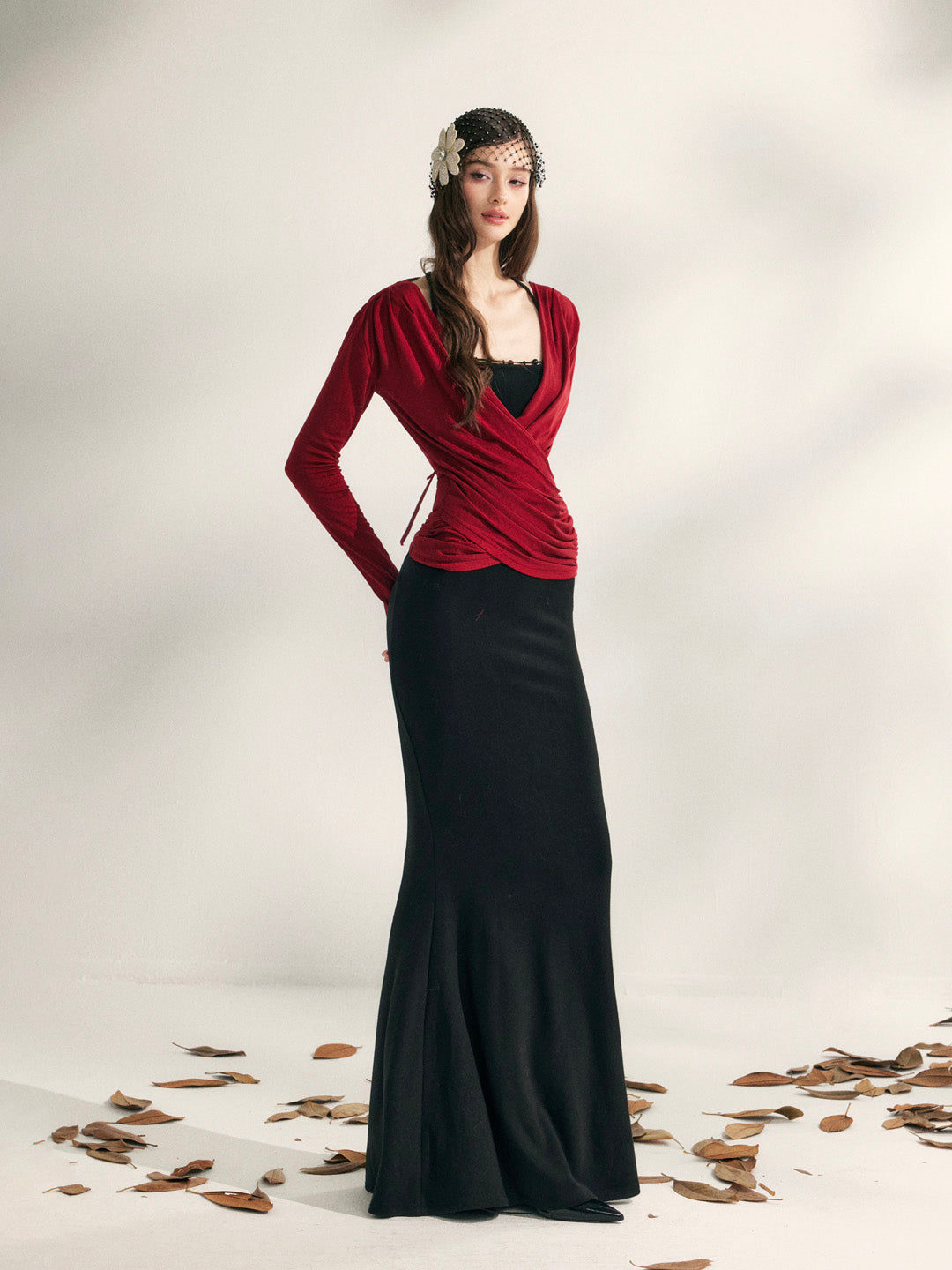 YZZI HE V-neck pleated waist cinching top