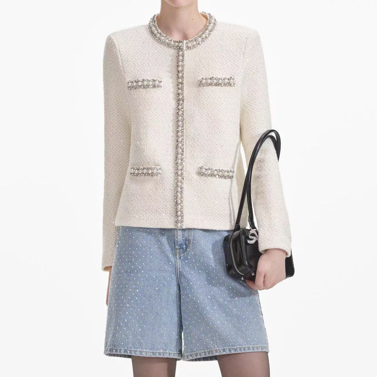 Self-Portrait CREAM TEXTURED KNIT EMBELLISHED CARDIGAN