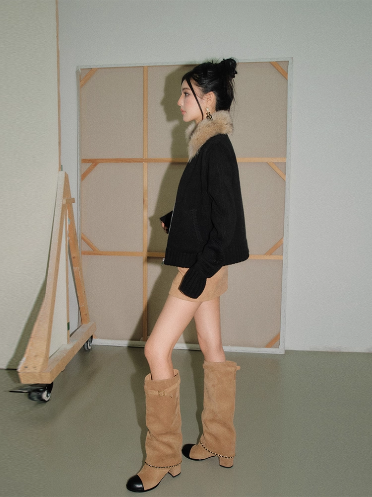 OLIVIA DUO DWT25423 Fur-Collar Top and Belted Brown Culottes Set