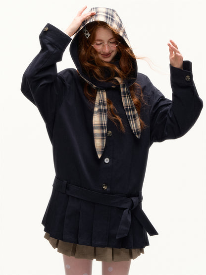 AsGony ASG25418 Detachable rabbit ear hat pleated windbreaker