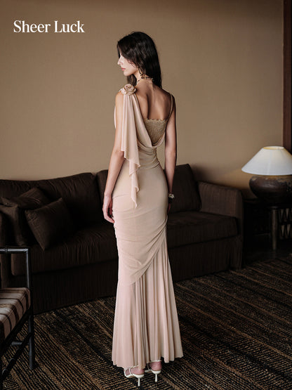 SHEERLUCK SLTZ26520 Mesh draped patchwork lace top + skirt