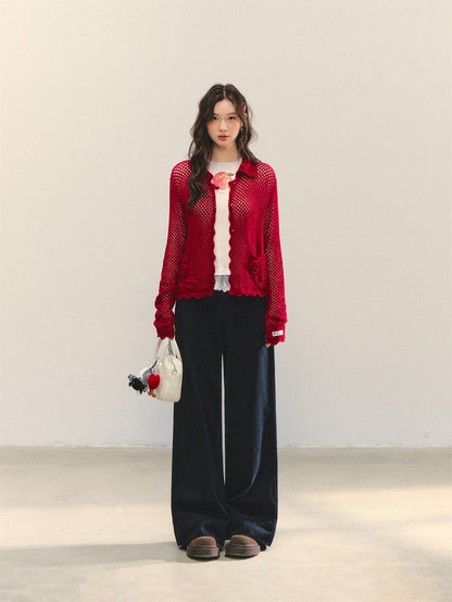 AsGony ASG25322 Hollow flower crochet cardigan