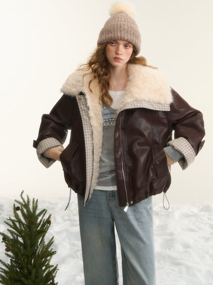 AsGony ASG252690 Grid splicing suede collar short leather down jacket