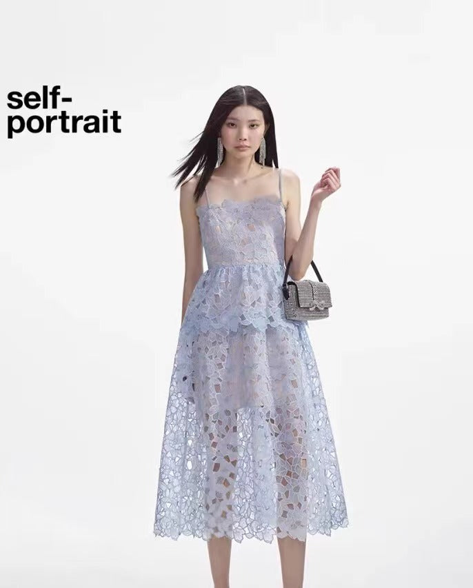 Self-Portrait BLUE ORGANZA LACE MIDI DRESS