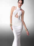 Glam Doll Long cross-neck stretch rhinestone dress(2 Colors)