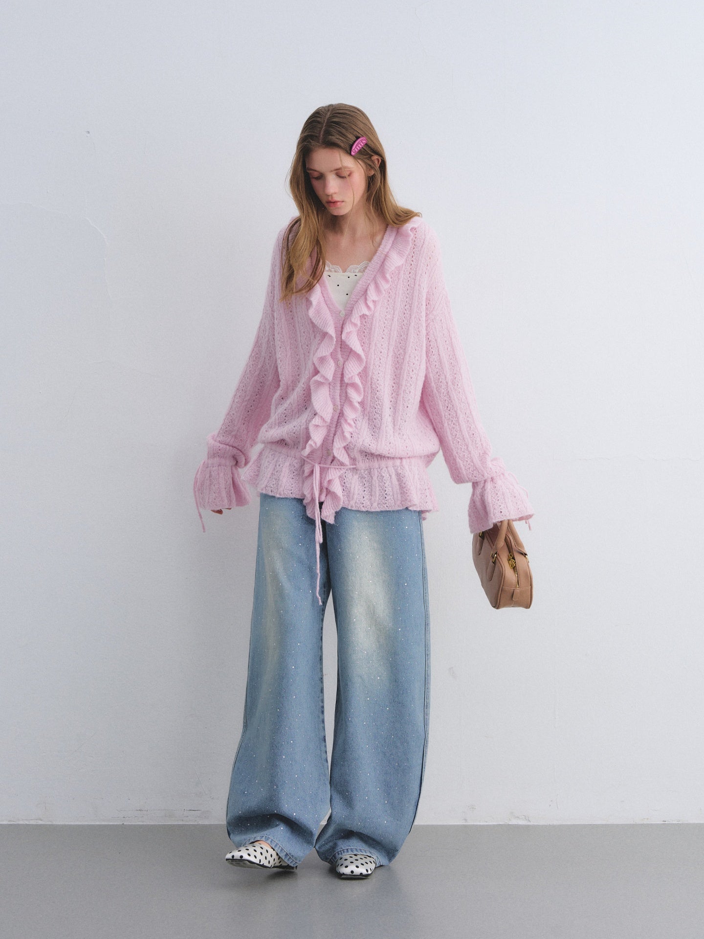 AsGony ASG25650 Woolen pleated hollow knitted cardigan