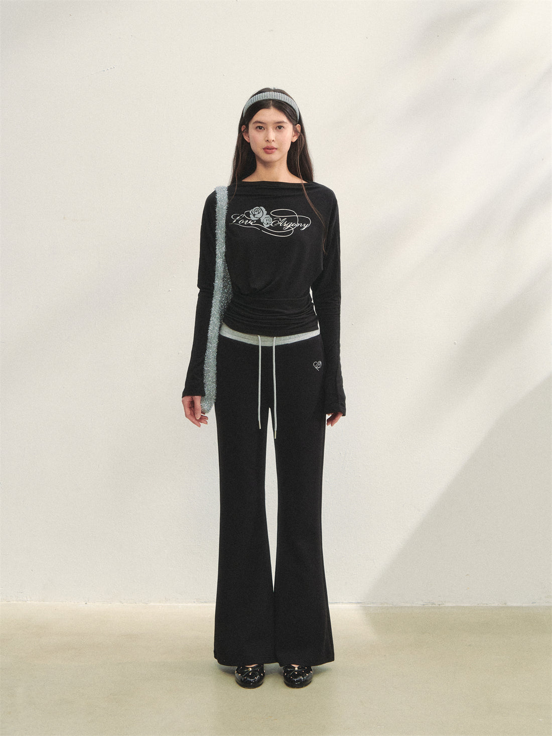 AsGony ASG25286&amp;ASG25287 Printed slim fit pleated long sleeved T-shirt + pants