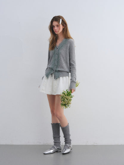 AsGony ASG25662 Sheep wool lace patchwork V-neck knitted sweater