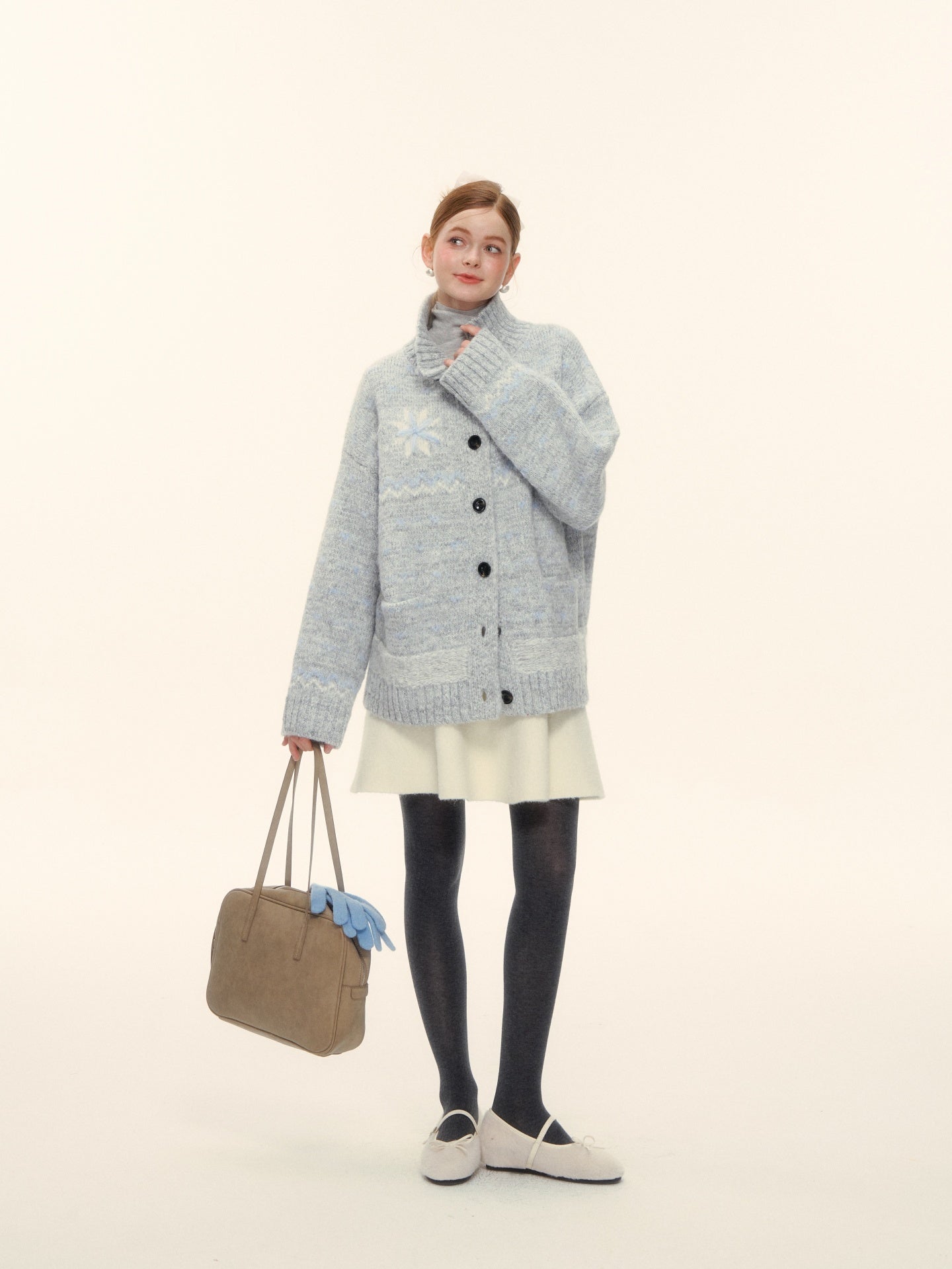 AsGony ASG25593 Wool Snowflake Fel Island Jacquard Knitted Coat