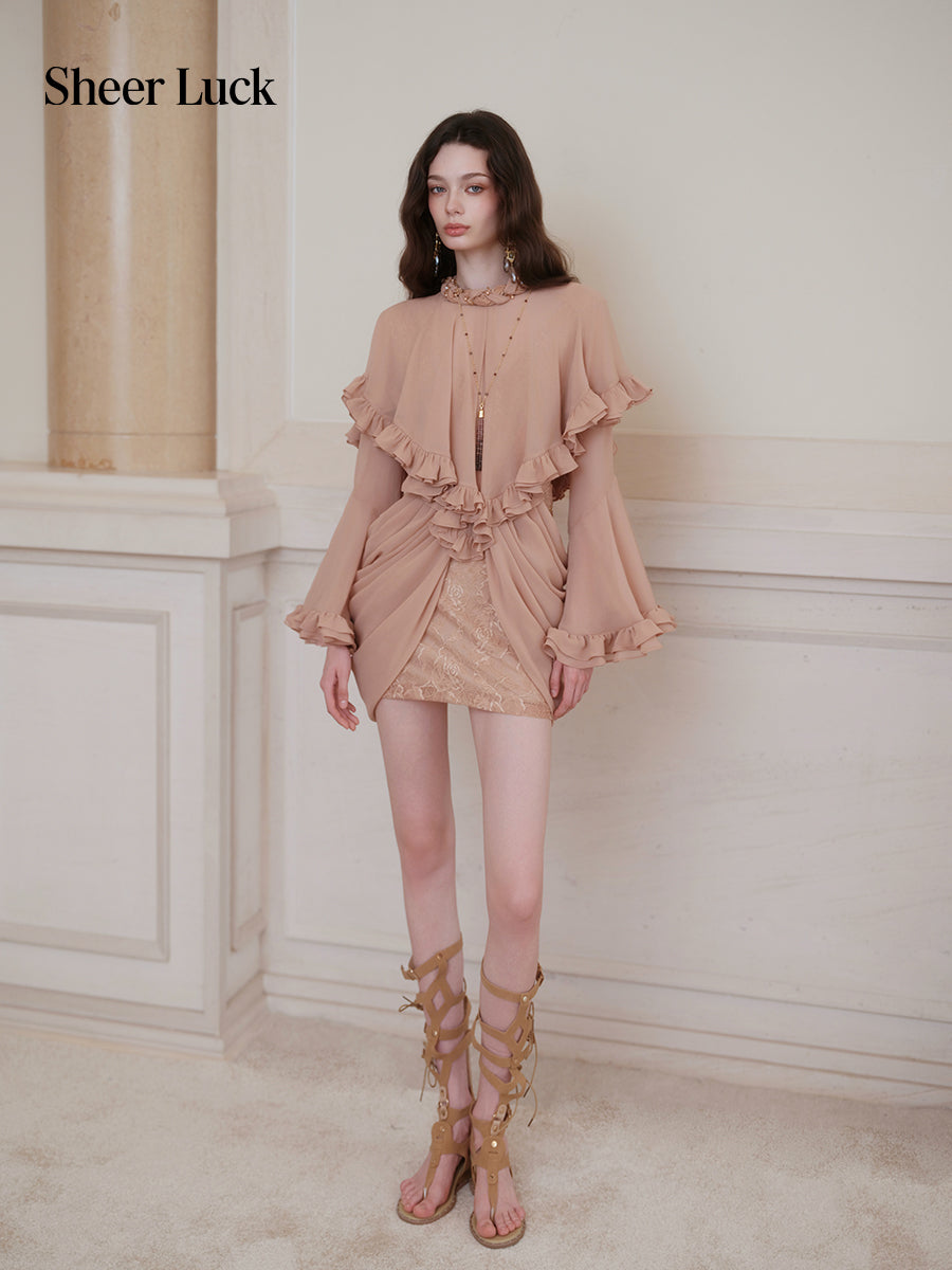 SHEERLUCK SLLYQ26712 Romy Vintage Cape-Style Dress-Cafe Latte