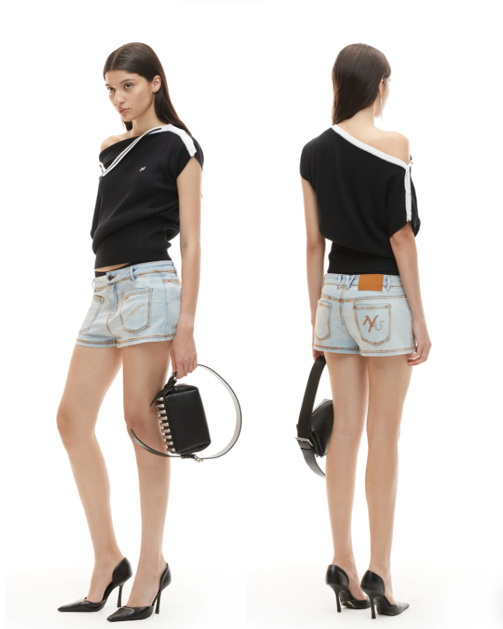 NAWS NAW-T074026 Contrast-Trim Asymmetric Off-Shoulder Striped Top