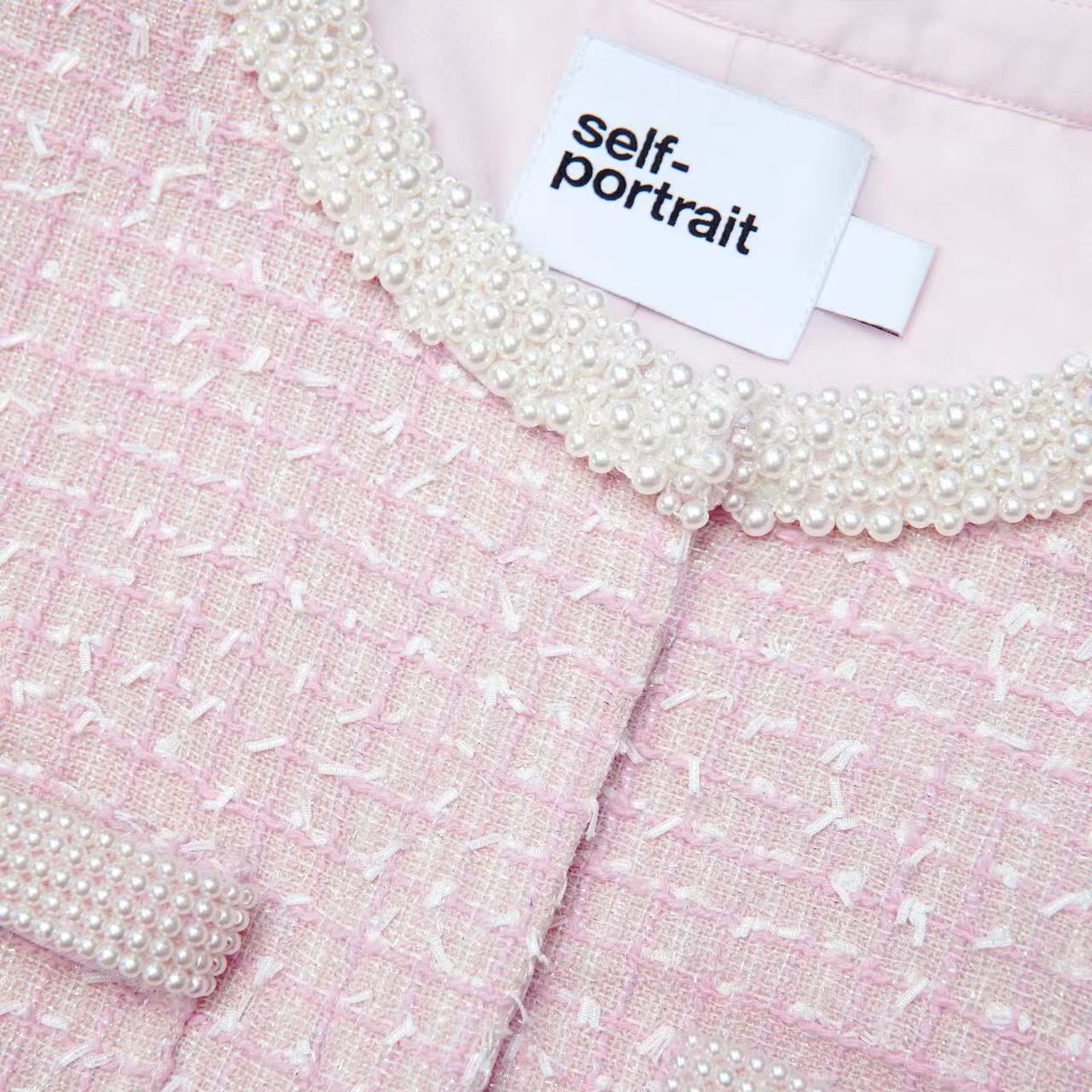 Self-Portrait PINK BOUCLE PEARL TRIM JACKET