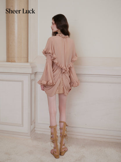 SHEERLUCK SLLYQ26712 Romy Vintage Cape-Style Dress-Cafe Latte