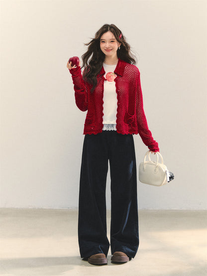 AsGony ASG25322 Hollow flower crochet cardigan