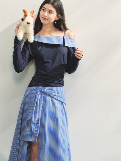 AsGony ASG25265&amp;ASG25266 Plaid patchwork contrasting top + skirt set