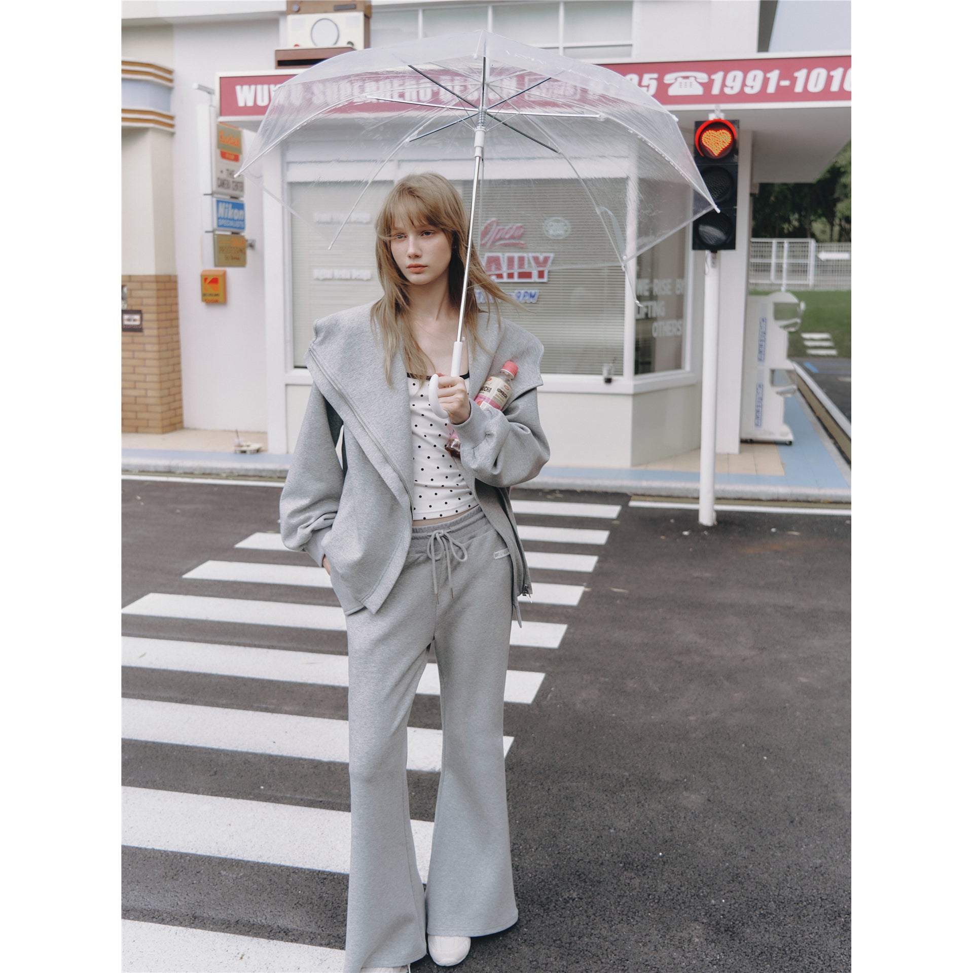 Asgony ASG25665 Oversized Collar Hooded Jacket+ ASG25666 Sweatpants