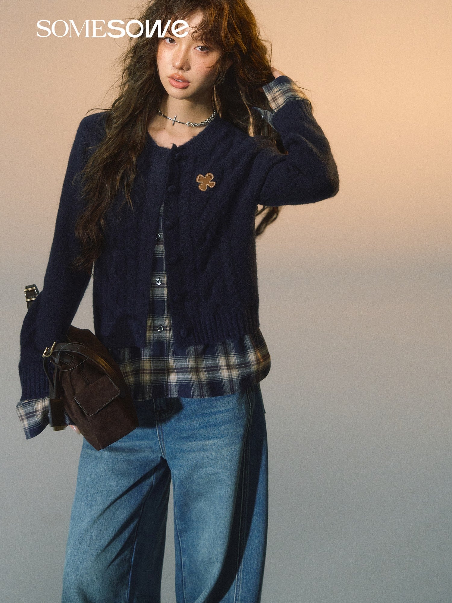 SOMESOWE S2508275 Fake two piece checkered spliced floral cardigan