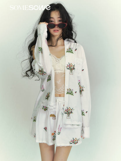 SOMESOWE S2609059&amp;S2609060 Flower embroidery lace patchwork shirt + skirt