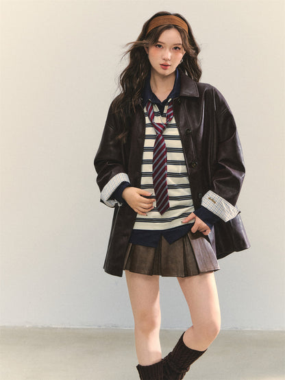 AsGony ASG25334 Cuff plaid patchwork leather jacket