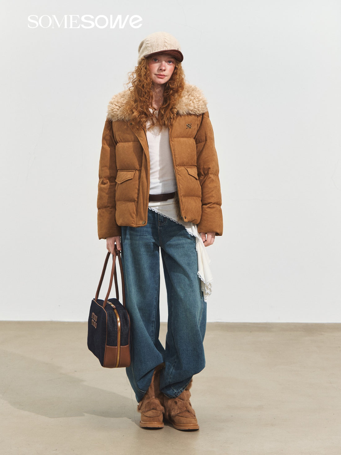 SOMESOWE S2508233 Suede patchwork fur collar down jacket