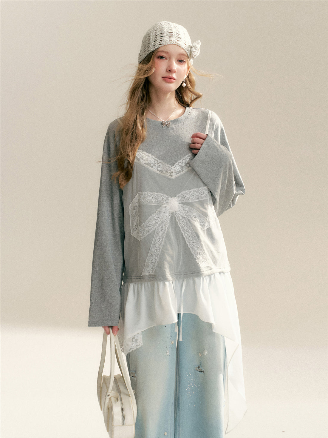 16DEWS 16D26062 Lace Splicing Fake Two Piece Irregular T-shirts